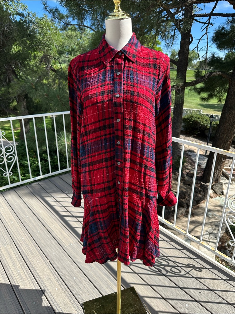LOFT Red and Navy Plaid Long-Sleeve Shirt Dress